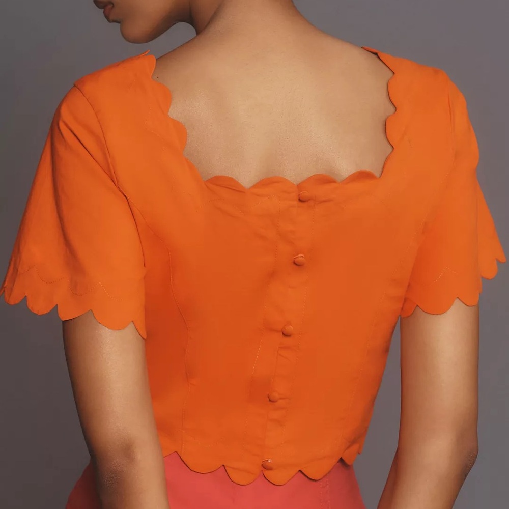 NWT Maeve Anthropologie Square-Neck Scallop Blouse Women’s Medium Orange Cropped - Picture 3 of 9